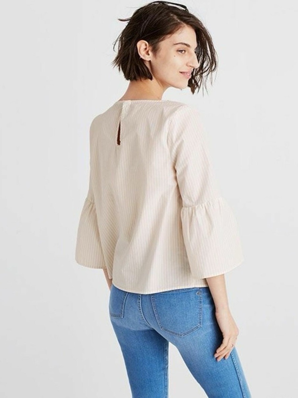 Madewell Women's Blush Pink Pinstripe Bell-Sleeve Blouse